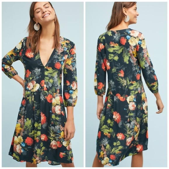 NWT🌸Anthropologie Floral V-Neck Dress The Odells - Picture 1 of 4